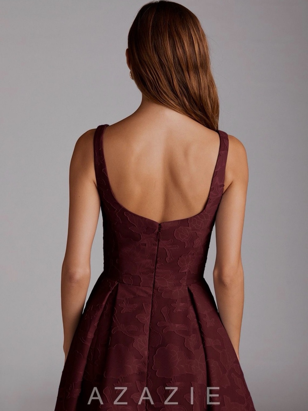 Azazie Burgundy Square-Neck Jacquard Midi Dress - Picture 5 of 9